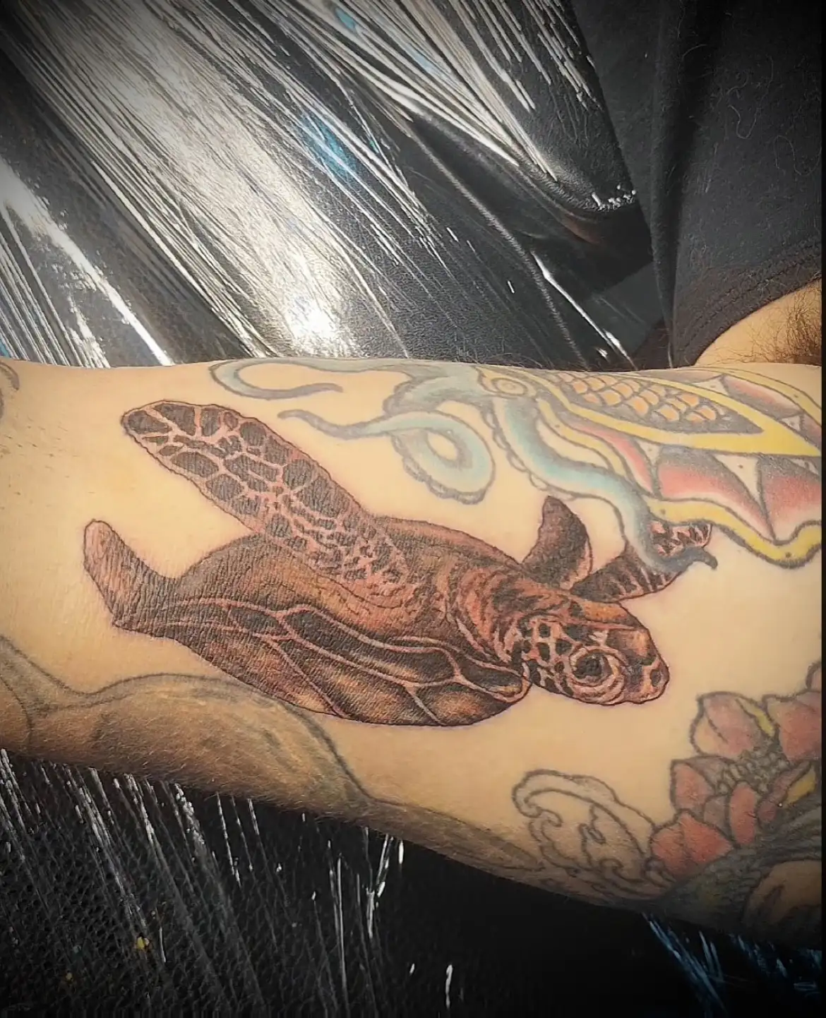 BL-ink Tattoo Colorado Springs sea turtle: realistic brown-tone turtle swimming across an arm sleeve
